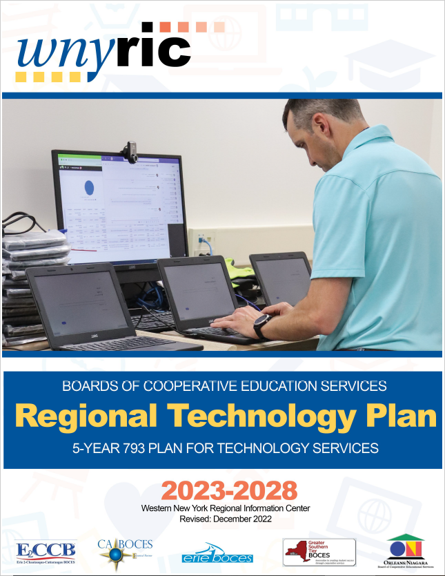 Cover of the wnyric 2023-2028 793 plan featuring a photo of a man in a teal shirt working on a laptop, the wnyric logo and the logos of erie 1 boces, erie 2 boces, c.a. boces, and O.N. Boces