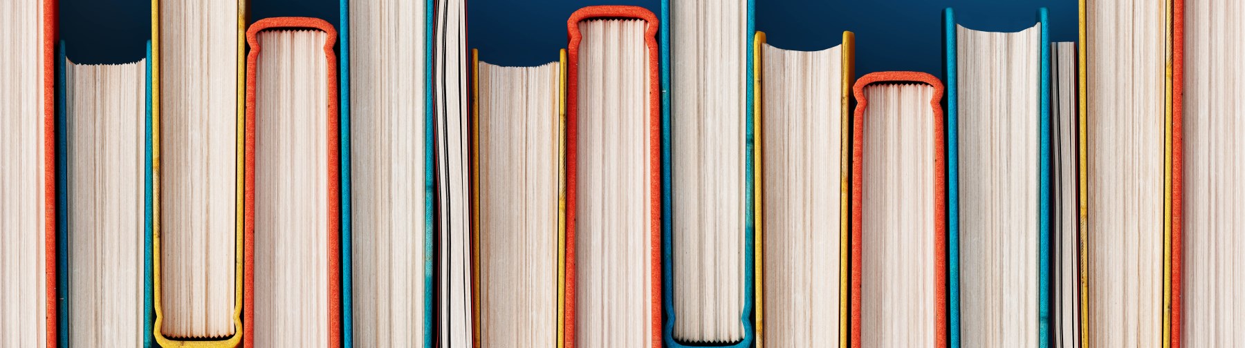 shelf of books with their pages side out