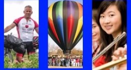 man speaking, hot air balloon and women playing instruments