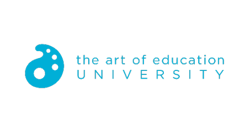 logo with a light blue artist paint palette and the words art of education university